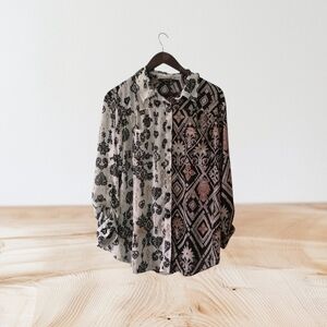 CHARLIE B Black and Cream Geometric Print Top XL